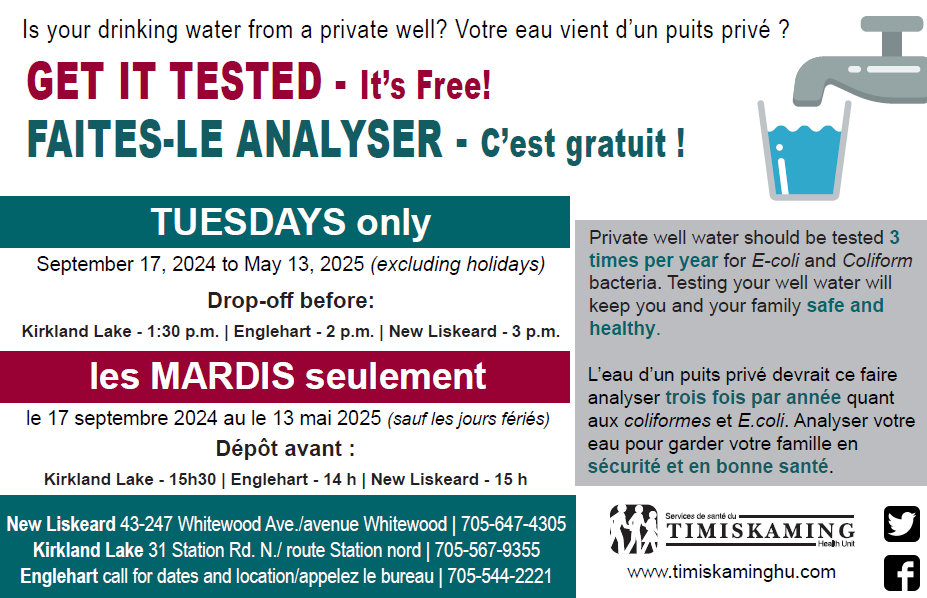 Well water testing - Tuesdays only in New Liskeard, Englehart and Kirkland Lake